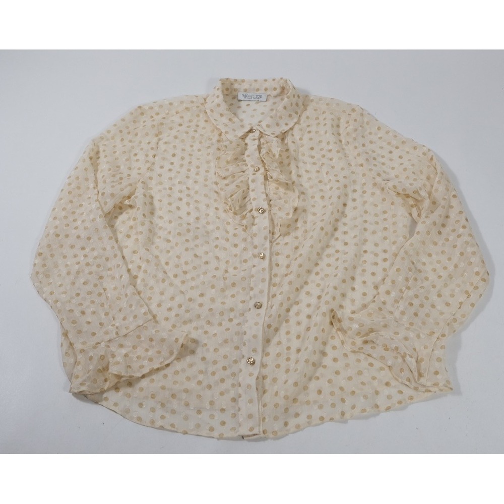 Rachel Zoe Blouse Women L Cream Polka Dot Ruffle Front Metallic Gold Button Up
